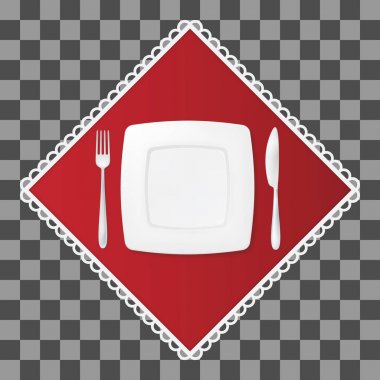 Çatal ve bıçak ile bir kare plaka üzerinde kırmızı peçete. Çatal bıçak takımı ve yemek sofra. Vektör illustraion.