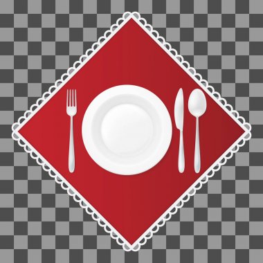 Çatal, bıçak ve kırmızı peçete çorba tabağına kaşıkla. Çatal bıçak takımı ve yemek sofra. Vektör illustraion.