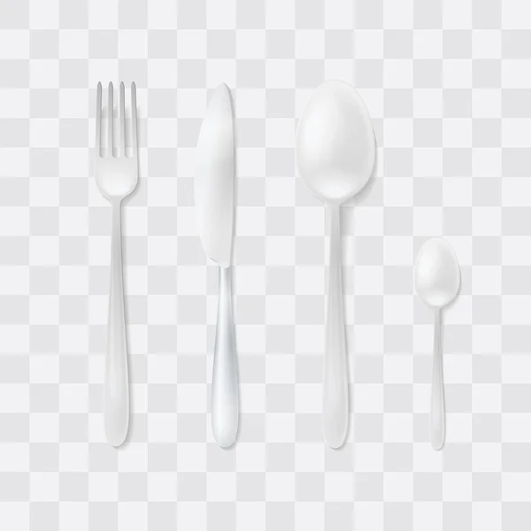 Set di posate. Forchetta, cucchiaio e coltello in argento. Top View Flatware Vector. Impostazione tabella . — Vettoriale Stock