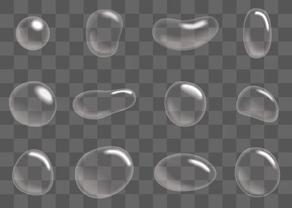 Seifenblase und Wassertropfen gesetzt. verschiedene Formen transparente Blasen mit grellen, Highlights und Gradienten. Vektorillustration. — Stockvektor