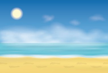 Kum üzerinde ayak izi. Adımları sahilde. Arka plan ile deniz ve mavi gökyüzü. Vektör çizim.