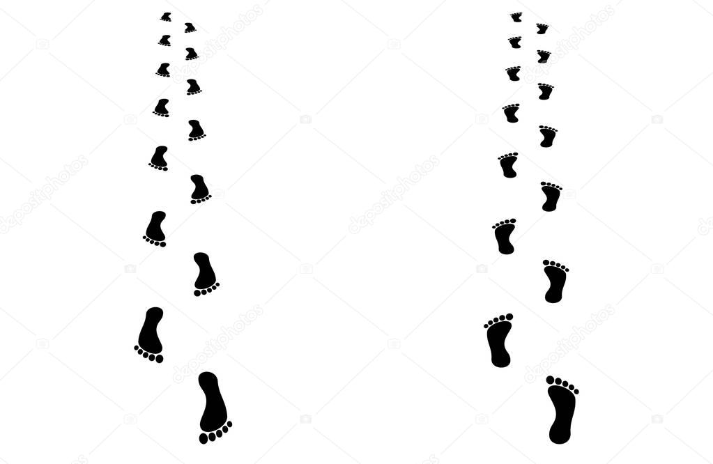 Approaching and receding bare footprint. Perspective vector steps walking away.