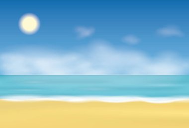 Yaz plaj arka plan, güneşin altında bulutlu gökyüzü, dalgalar ve sarı kum, deniz görünümü poster denize sıfır. Vektör çizim.
