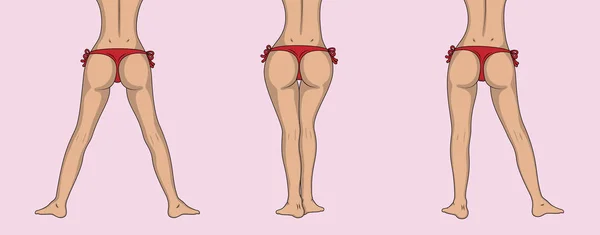 Aantrekkelijke vrouwelijke kont en benen in verschillende poses. Dames billen in bikini. Sexy meisje kont schets. Vectorillustratie. — Stockvector