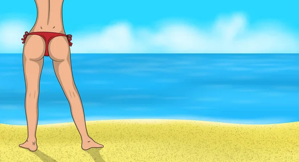 Sexy Mädchen im Bikini am Strand. Frau Gesäß Vektor Illustration. weiblichen Esel und Beine auf dem Meer Hintergrund. — Stockvektor