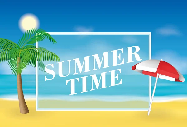 夏の時間のバック グラウンド。ビーチにヤシの木と太陽傘。バナー広告やプロモーションのためのベクトル図. — ストックベクタ
