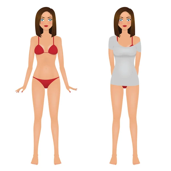 Chica sexy en bikini rojo y mujer joven en camiseta gris. Ilustración vectorial aislada . — Archivo Imágenes Vectoriales