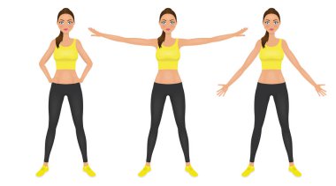 Isınma-up güzel kadın sarı kırpma üst ve tozluk uygun. Spor kız farklı eğitim teşkil etmektedir. Vektör karakter.