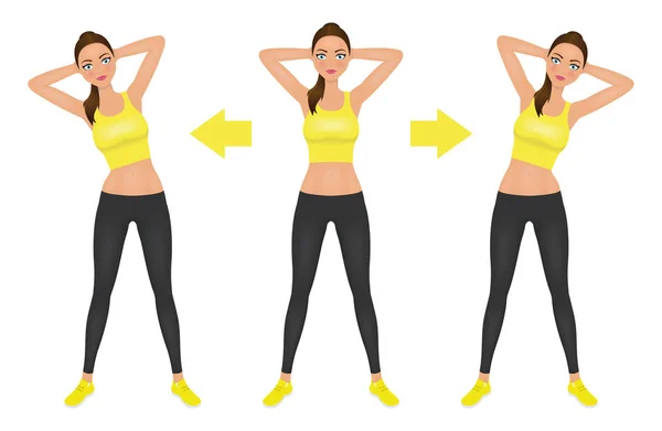 Jeune jolie femme faire un exercice de flexion latérale avec les mains derrière la tête. Fit girl en leggings et crop top. Illustration vectorielle d'instructions de réchauffement . — Image vectorielle