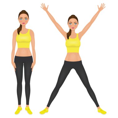 Sevimli kız elleriyle uygun. Sarı tozluk ve kırpma üst bir genç kadın. Karakter vektör çizim.