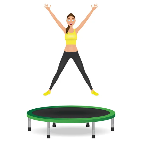Young woman jumping on trampoline. Pretty fit girl in leggings and crop top with hands up. — Stock Vector