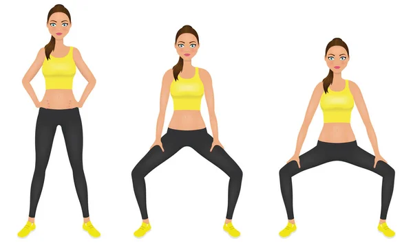 Young woman make squats exercises with hands on the hips. Fit girl in sportswear. Vector character. — Stock Vector