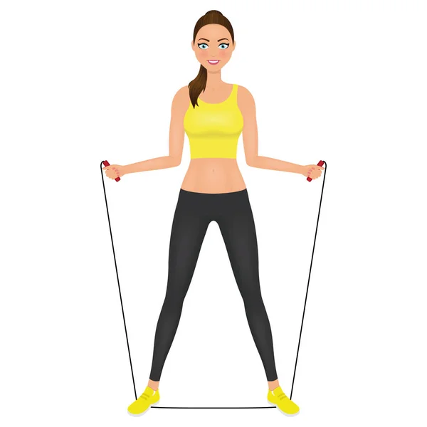 Hermosa mujer fitness posingn con saltar la cuerda. Ajuste chica en ropa deportiva. Carácter del vector . — Vector de stock