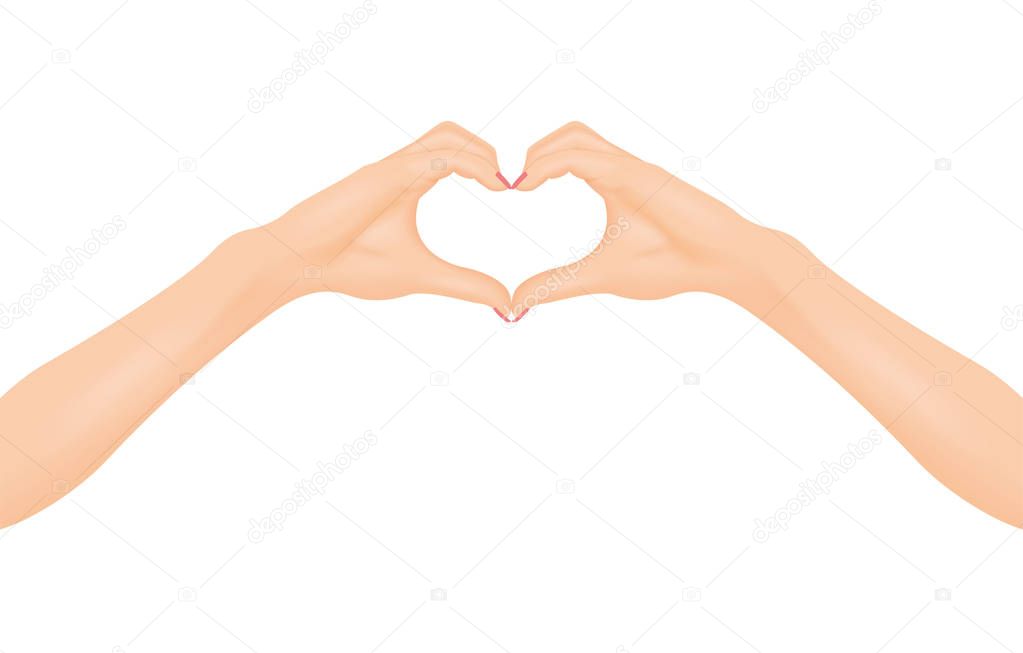Womans hands make heart shape. In love concept. Isolated vector illustration.