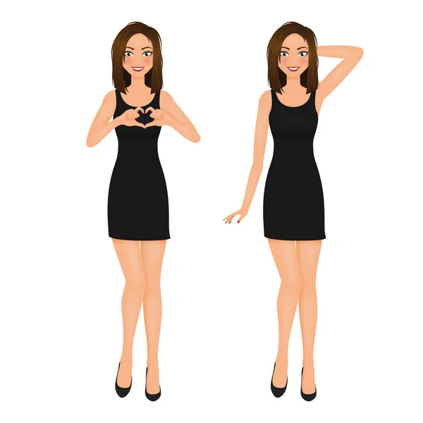 La mujer en el vestido corto negro de noche hacen el corazón por la mano. Ilustración vectorial. Modelo de moda femenina . — Vector de stock