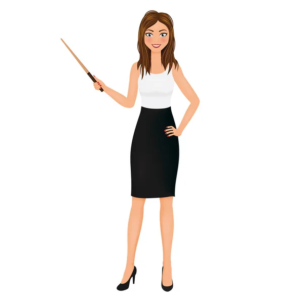 Mujer de negocios con puntero. Concepto de carácter del profesor. Vector aislado . — Vector de stock