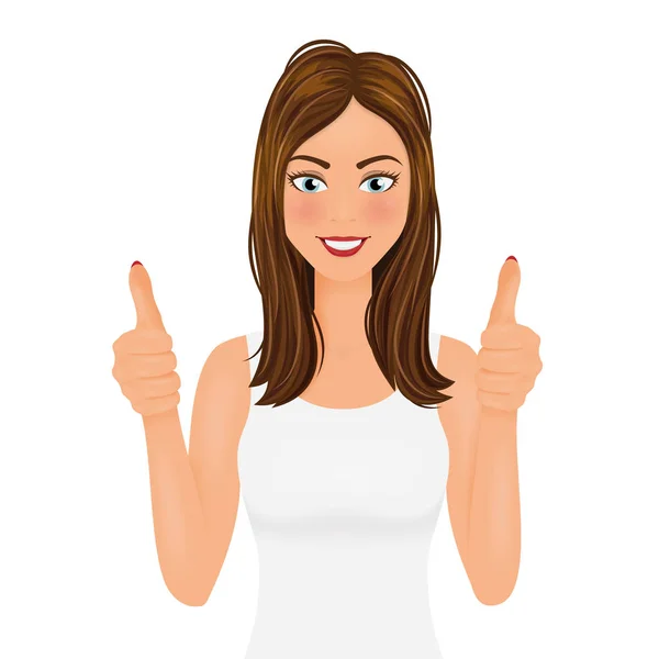 Young woman making a thumbs up gesture. Smiling pretty girl in white t-shirt vector illustration. — Stock Vector