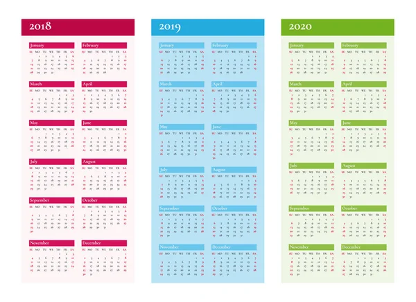 Dikey takvim 2018 2019 2020 yıl. Cmyk vektör.