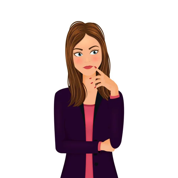 Denken vrouw in paarse vest met hand in de buurt van lippen. Zoeken op idee concept. Vector teken hand. — Stockvector