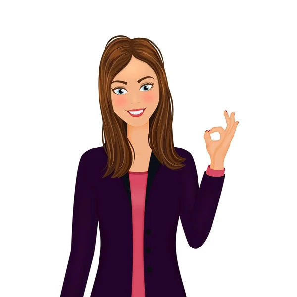 Souriant belle jeune femme montrant ok signe de la main geste. Fille en veste violette. Concept de réussite. Illustration vectorielle . — Image vectorielle