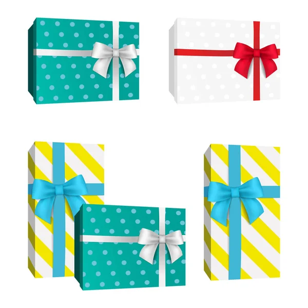 Caja de regalo realista con estampado de puntos 3D con lazos de cinta roja y blanca y azul. Vector presenta . — Vector de stock