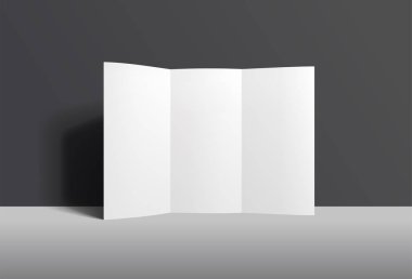 Gerçekçi ayakta katlanmış broşür mockup. Beyaz kağıt levha el ilanı. Önden Görünüm vektör broşür.