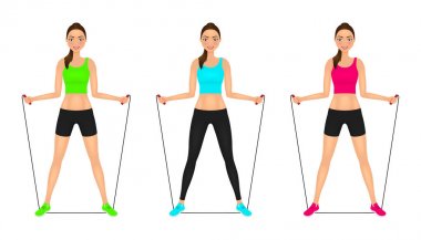 İp atlama ile güzel gülümseyen fitness kadın posingn. Spor giyim uygun kız. Vektör karakter kümesi.