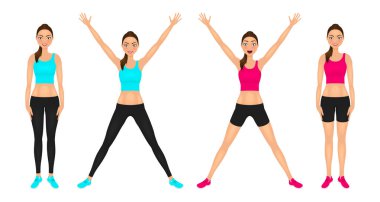 Eller yukarı gülümseyen uygun kız. Spor giyim genç kadın ayakta. Vektör çizim karakterleri ayarla.