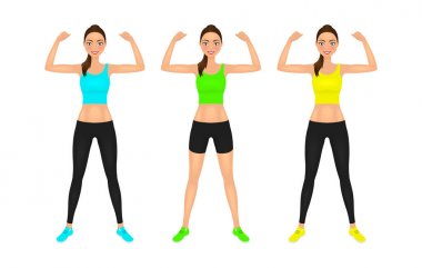 Güzel genç kadın onun pazı gösterilen yerleştirmek. Spor giyim gülümseyen kız. İzole vektör karakter kümesi.