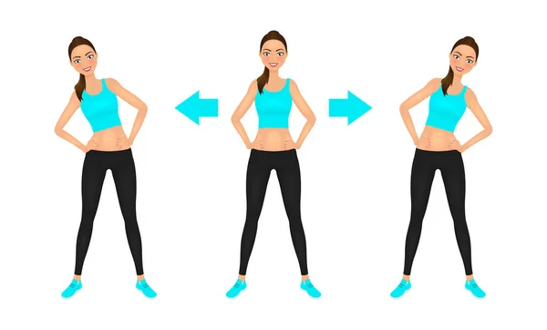 Smiling young pretty woman make side bend exercise with hands on the hips. Fit girl in leggings and crop top. Warm-up instruction vector illustration. — Stock Vector