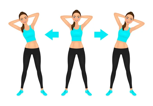 Smiling Young pretty woman make side bend exercise with hands behind head. Fit girl in leggings and crop top. Warm-up instruction vector illustration. — Stock Vector