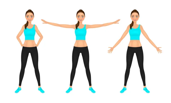 Warming-up fit pretty woman in blue crop top and leggings. Smiling sport girl in different poses training. Vector character. — Stock Vector