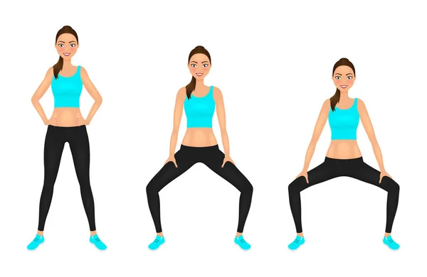 Smiling Young woman make squats exercises with hands on the hips. Fit girl in sportswear. Vector character. — Stock Vector