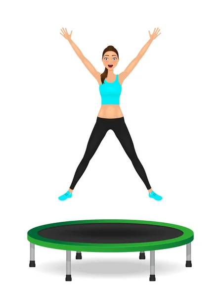 Young woman jumping on trampoline. Pretty fit girl in leggings and crop top with hands up. — Stock Vector