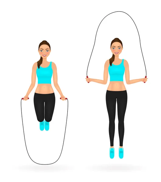 Chica sonriente en forma haciendo ejercicios con la cuerda saltando. Mujer en ropa deportiva. Carácter del vector . — Vector de stock