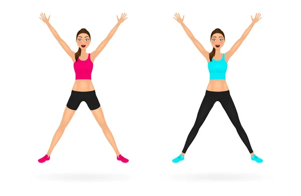 Linda chica saltando en ropa deportiva con las manos arriba. Conjunto de personajes de mujeres jóvenes felices. Ilustración vectorial . — Vector de stock