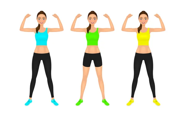 Mujer muy joven en forma mostrando sus bíceps. Chica sonriente en ropa deportiva. Conjunto de caracteres vectoriales aislados . — Vector de stock