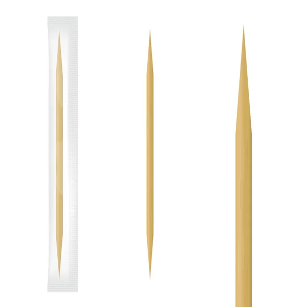 Realistiska trä tandpetare i transparent enskilda paket. Vektorillustration. — Stock vektor