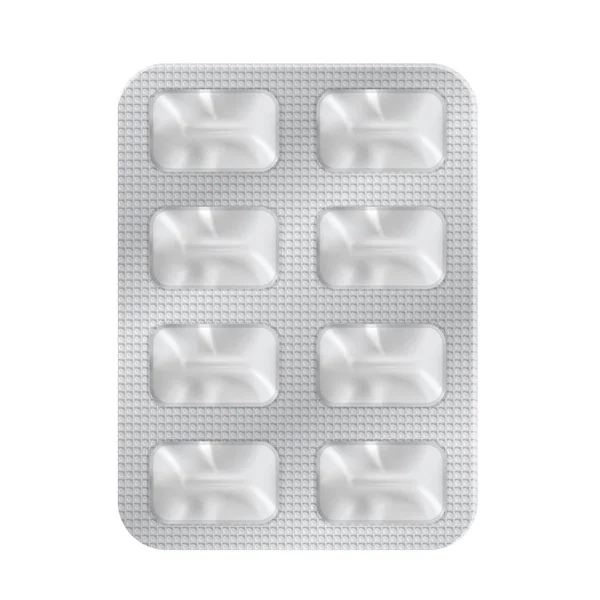 Blister realista con pastillas. Paquete de medicamentos médicos para tabletas. Maqueta vectorial . — Vector de stock