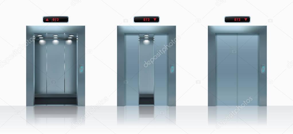 Open and closed realistic elevator doors. Vector illustration.