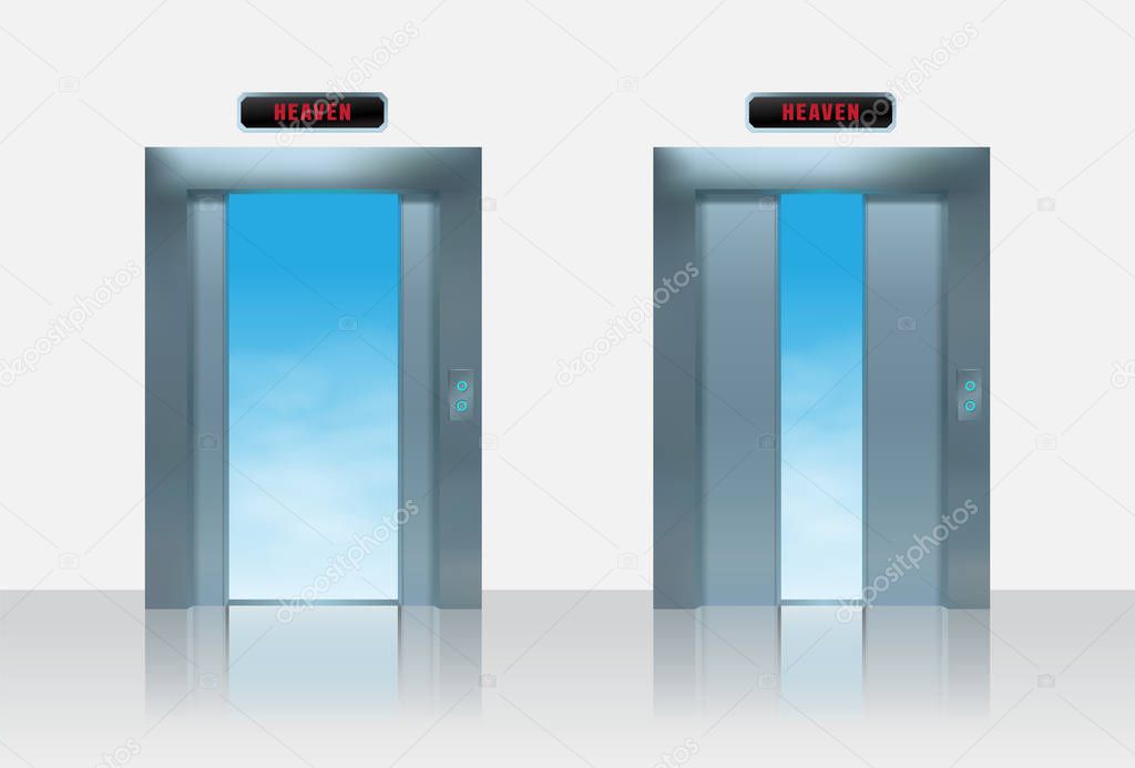 Sky lift vector ilustration. Realistic half open metal elevator Door to the heaven.