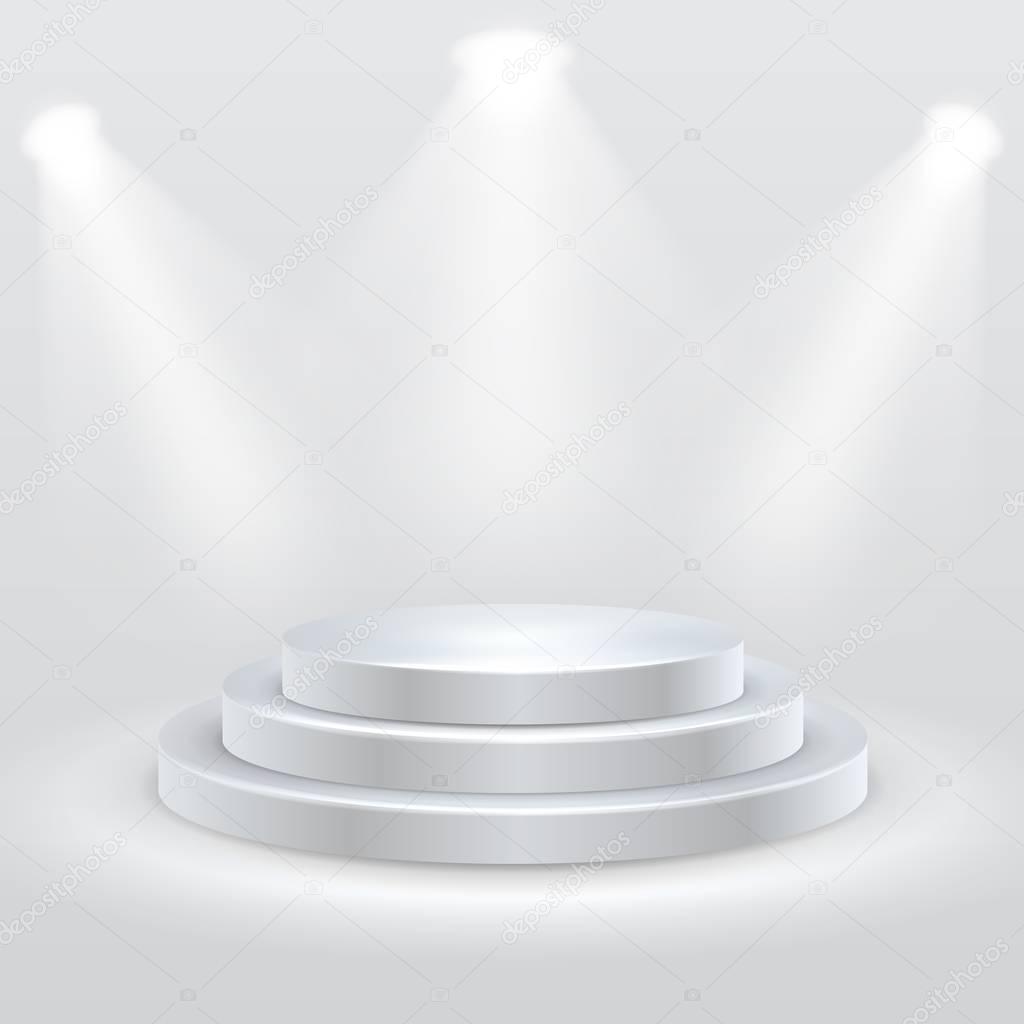 Round podium illuminated by spotlights. Empty ceremony pedestal. Vector illustration.