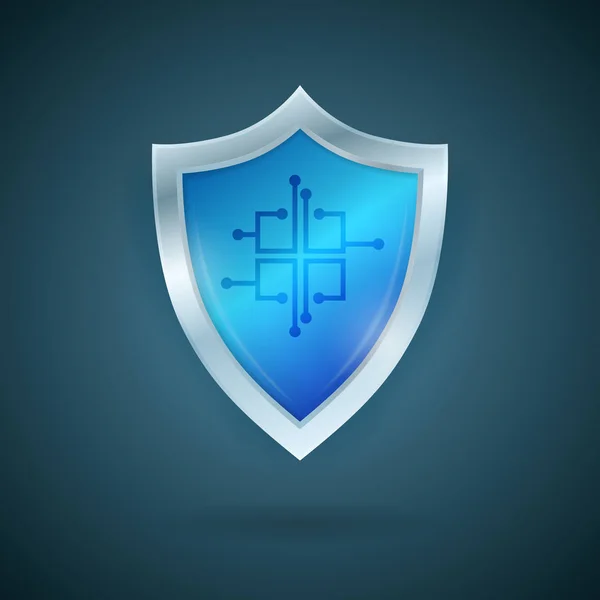 Blaues Schild mit Chip. Smart Data Protection Konzept. Technologie Vektor Illustration. — Stockvektor