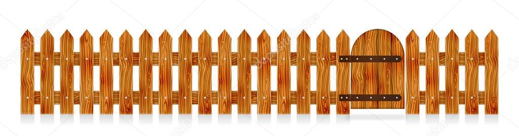 Wooden picket fence with a gate. Elements for rural design. Cartoon vector illustration.