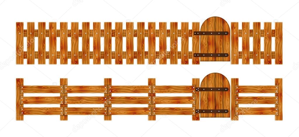 Wooden fence with a gate. Elements set for rural design. Cartoon vector illustration.
