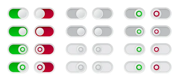 Açık ve kapalı anahtar düğme kümesi. Kullanıcı arabirimi tasarımı için kırmızı ve yeşil aç/kapat simgesini. — Stok Vektör