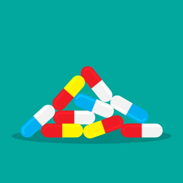 Um monte de comprimidos para cápsulas. Isolado ilustração vetor medicina. Conceito de medicamento ou analgésico . — Vetor de Stock