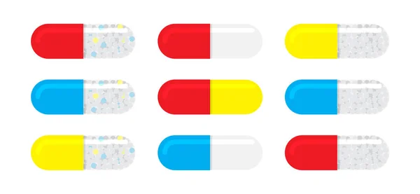 Pastillas planas en set de cápsulas. Ilustración vectorial de medicina aislada . — Vector de stock