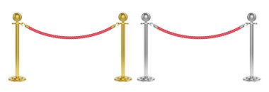 Realistic velvet rope barrier with golden and silver poles. Isolated vector illustration. clipart