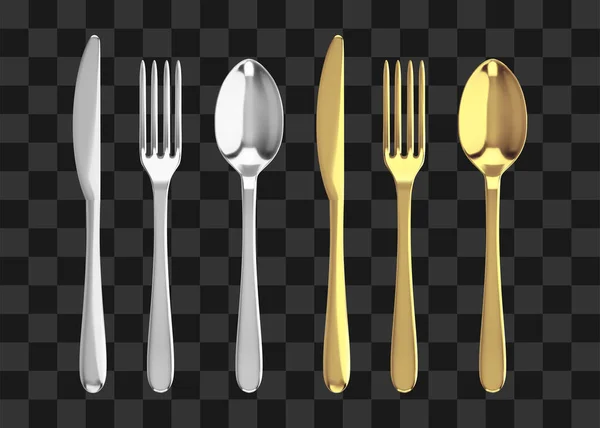 Forchetta dorata e argento, coltello e cucchiaio. Illustrazione realistica delle posate vettoriali . — Vettoriale Stock